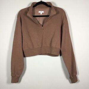 BP Brown Preppy Minimalist Neutral Clean Girl Cropped Collared Sweatshirt M